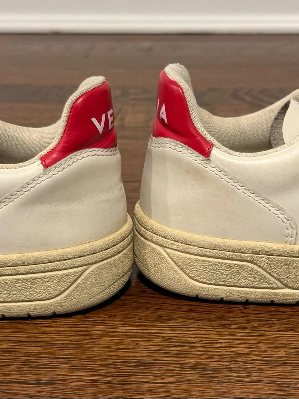 Veja White Sneakers with Navy V and Red Heel Tab